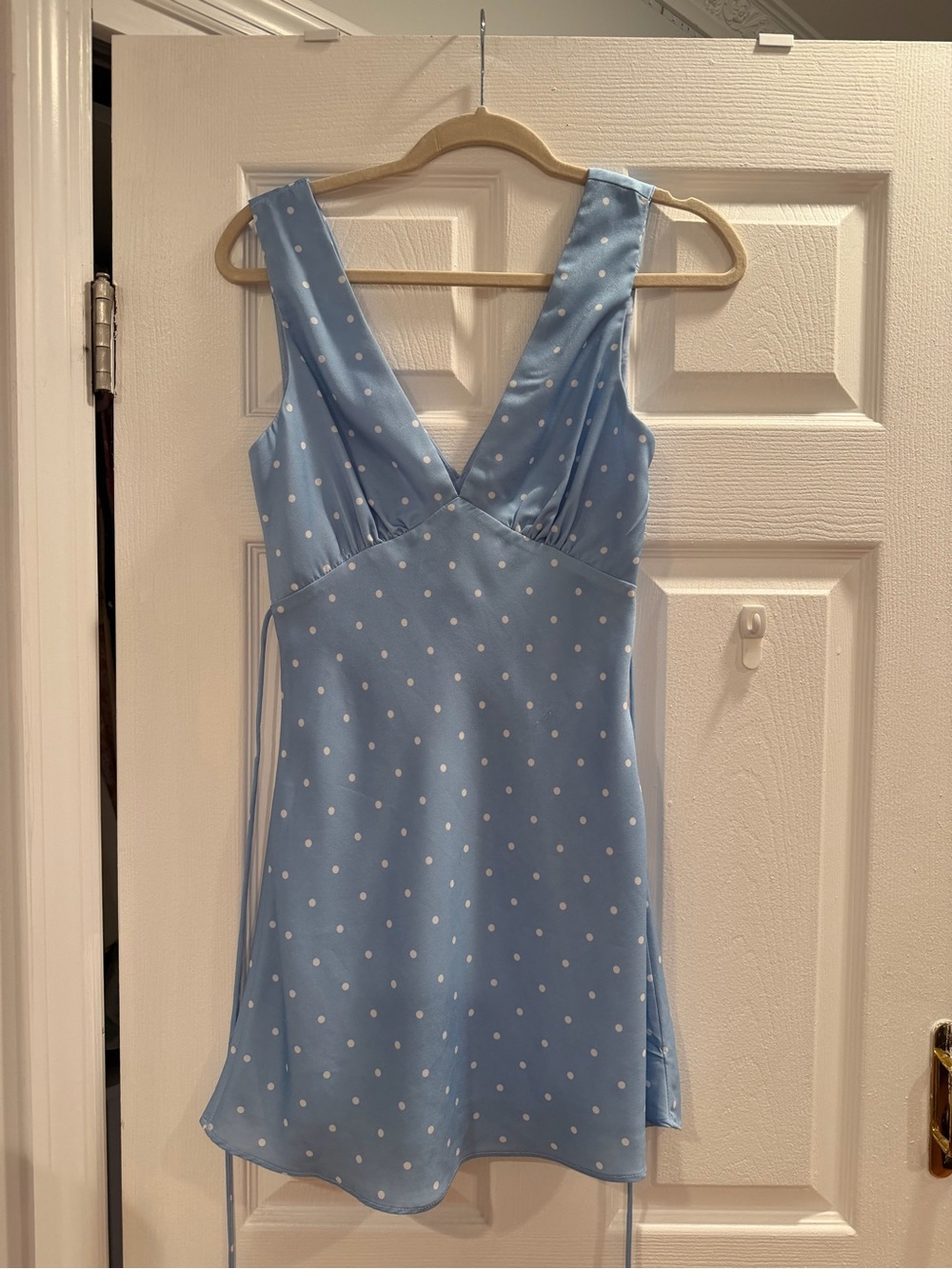 Cotton candy LA baby blue satin bias mini dress with polka dots